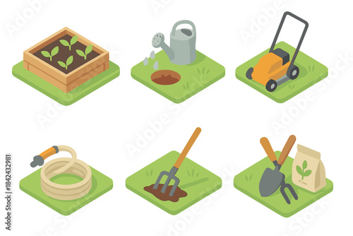 Isometric set of essential gardening tools and planting activities