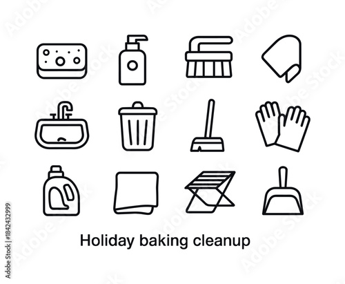 Holiday Cleanup Icons. Holiday baking cleanup. Line icon set of
