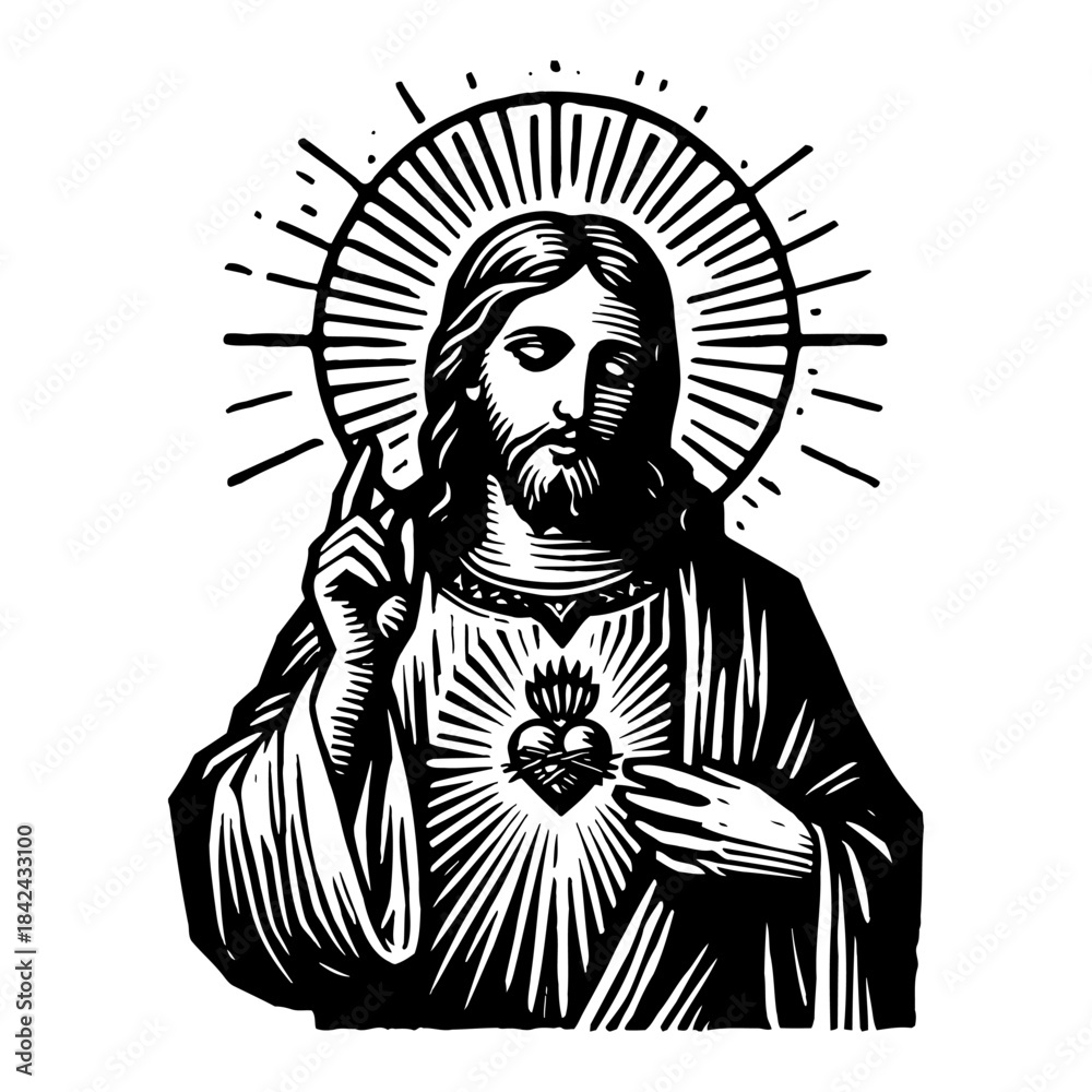 Fototapeta premium Sacred Heart Jesus Christ Offering Blessing With Halo And Divine Light