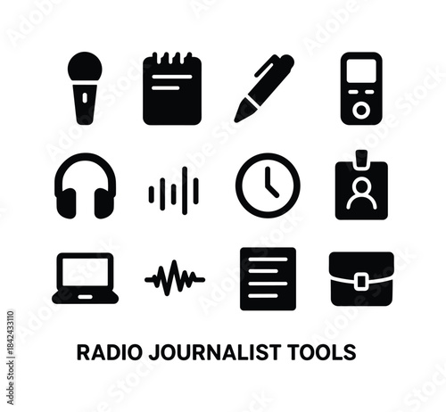 Radio Journalist Icons. Radio Journalist Tools. Solid icon set o