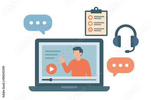 Online training concept showing a video lesson on a laptop, customer support headset, and assessment checklist