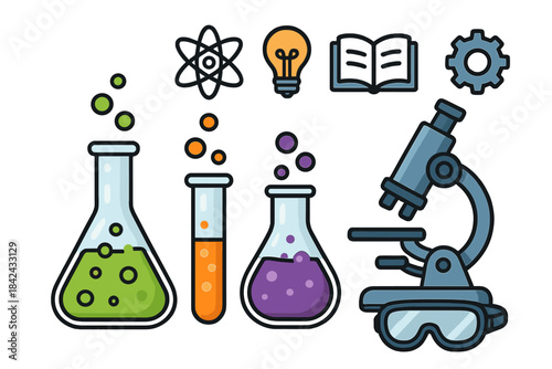Essential laboratory equipment and scientific concept symbols including flasks, microscope, and atom