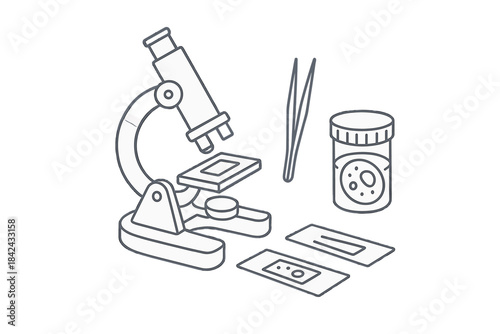 Scientific research tools including microscope, prepared slides, and specimen jar