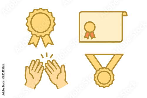 Success and achievement symbols including gold medal, diploma scroll, rosette, and clapping hands