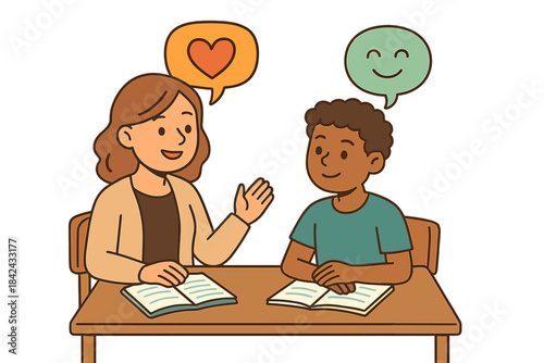 Mentor and child discussing schoolwork with speech bubbles indicating happiness and affection