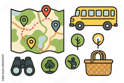 Outdoor adventure and field trip icons set featuring map, school bus, and nature elements