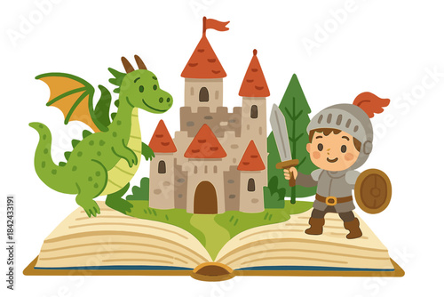 Cute knight and friendly dragon standing next to a medieval castle popping out of an open storybook