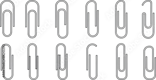Set of office stationery icons, black outline vector illustration of paper clips and binder clips isolated on white background for business.