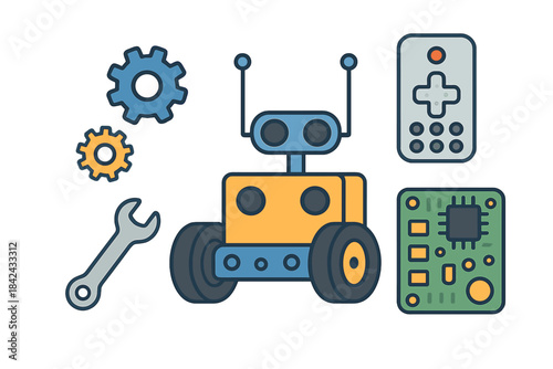 Robotics and engineering icons featuring a wheeled bot, gears, and electronic parts