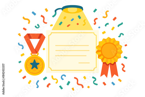 Blank diploma certificate, gold medal, and rosette ribbon for award ceremony under bright light