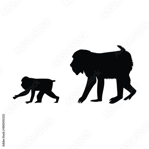 Silhouettes of a small monkey and a larger ape walking in profile against a white background