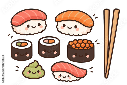 Kawaii nigiri maki and gunkan sushi pieces with wasabi and wooden chopsticks