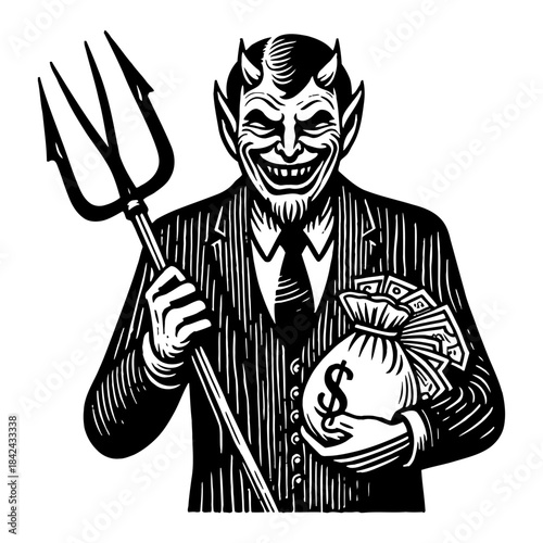 Satanic Businessman Holding Pitchfork and Bag of Money Symbolizing Greed And Evil