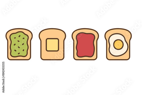 Breakfast toast slices with popular toppings: avocado, butter, jam, and fried egg