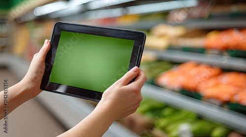 Hands hold an ipad with a blank green screen in a supermarket while shopping for groceries and items on the shelves