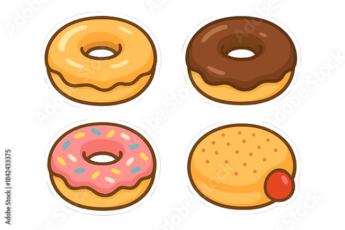 Assortment of four delicious sweet donuts with different colorful glazes and fillings