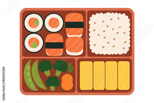 Traditional Japanese bento box lunch with sushi, rice, tamagoyaki, and fresh vegetables