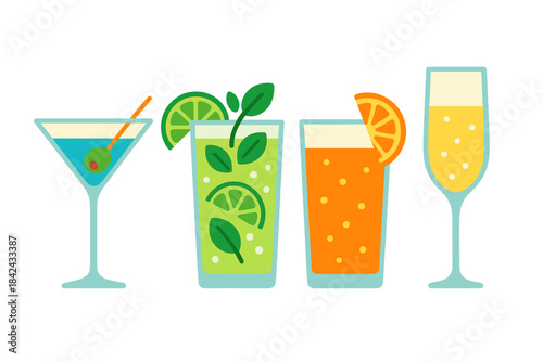 Colorful set of four popular cocktails and refreshing summer drinks in stylized glassware