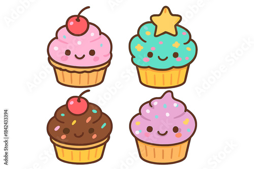 Four cute colorful kawaii cupcakes with smiling faces and sweet toppings