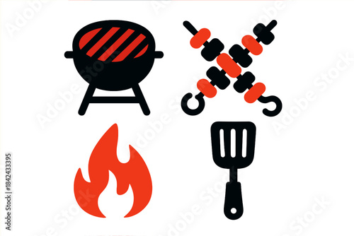 Barbecue cooking tools and elements set with grill, flame, spatula, and kebabs