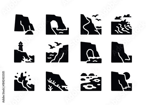 Coastal Cliff Icons. Coastal cliffs. Solid icon set of Coastal c