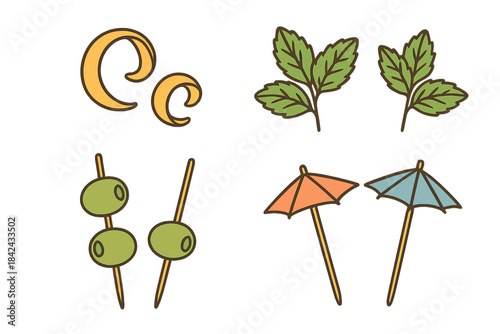 Set of classic cocktail garnishes including citrus twists, olives, mint leaves, and paper umbrellas
