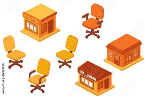 Seamless pattern of isometric real estate agency buildings and various modern chairs on white background