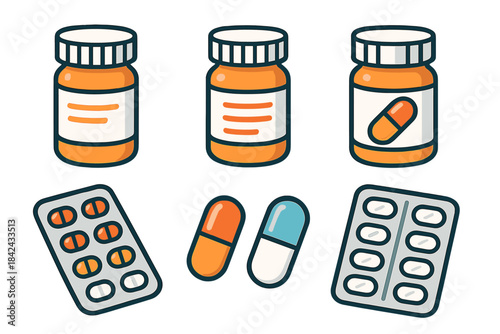 Assortment of pharmaceutical products, medicine bottles, pills, capsules, and blister packs