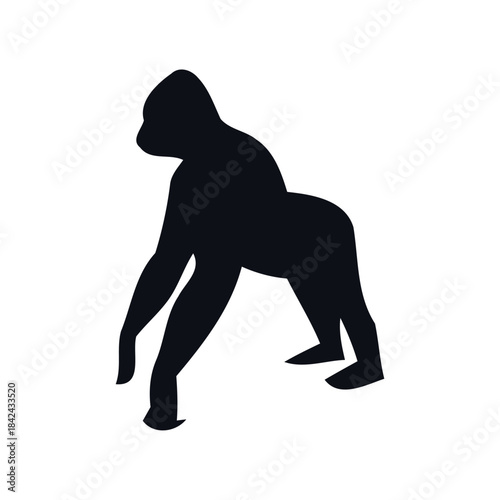 A black silhouette of a gorilla standing on all fours, with its head turned to the side and its arms bent