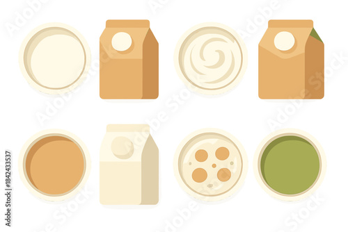 Dairy and plant based milk products including soy, almond, and oat milk in cartons and bowls