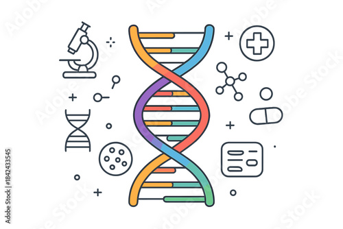 Colorful DNA double helix structure with scientific and medical research icons