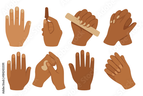Set of hands with dark skin tone showing nail care, filing, and moisturizing gestures