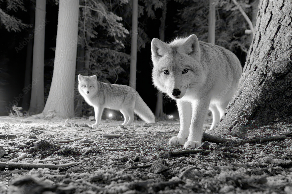 Naklejka premium Two white foxes in a dark forest at night