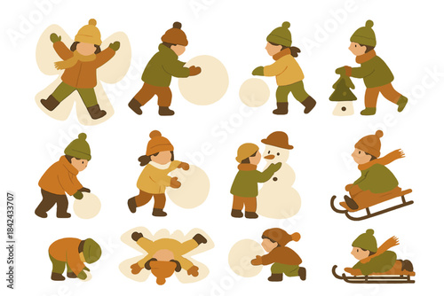 Children playing winter games making snow angels building a snowman and sledding outdoors