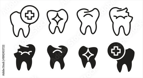 Dental icon set, collection of solid icons, teeth, protect, healthy, sparkling smile, etc. Outline editable, vector illustration.


