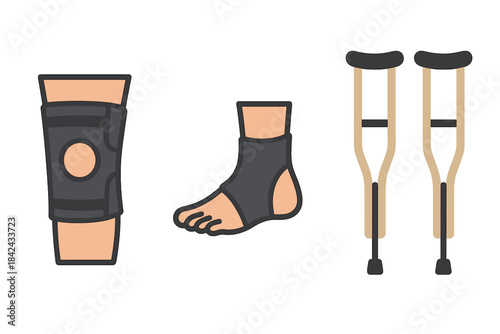 Essential medical equipment set including knee brace, ankle support, and crutches for physical injury recovery
