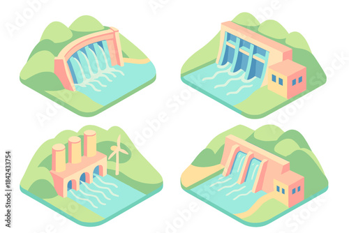 Isometric hydroelectric dams and clean energy power generation stations