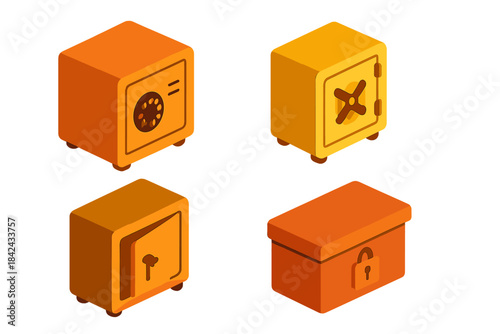 Four isometric security safes and locked storage boxes for banking and asset protection