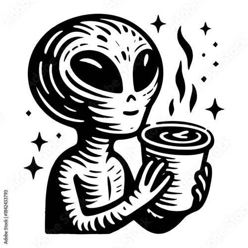 Stylized Alien Holding a Steaming Cup in a Starry Night Sky
