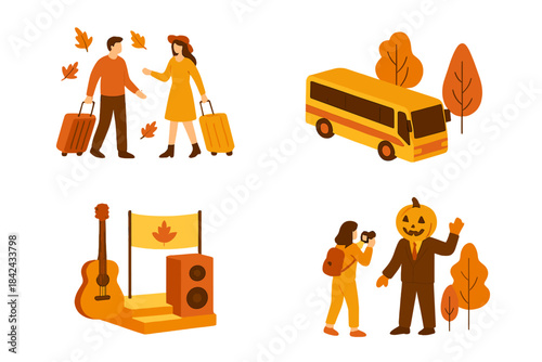 Autumn travel, festival, and holiday concepts featuring people, transportation, music, and Halloween elements
