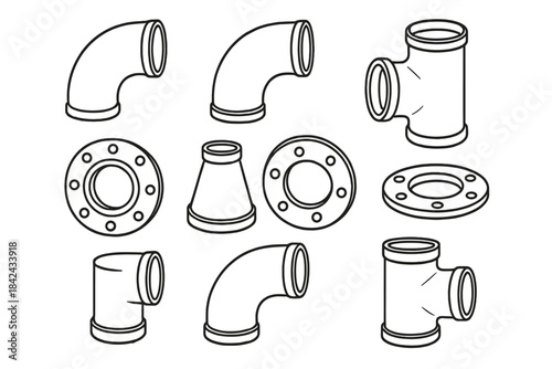 Industrial pipe fittings set including elbows, tees, reducers, and flanges