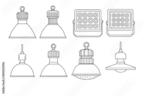 Industrial lighting fixtures set including high bay lamps and square LED floodlights