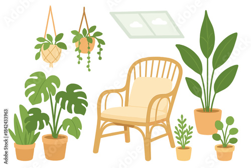 Bohemian home decor elements collection with wicker chair and lush green houseplants