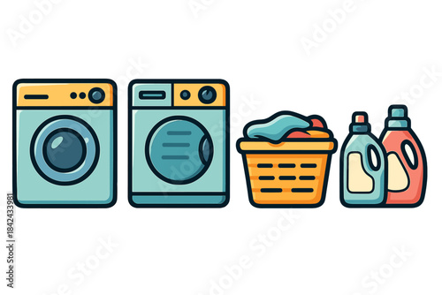 Household laundry appliances, washing machines, basket, and detergent supplies