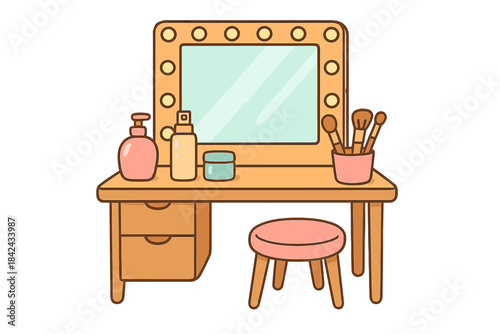 Cute vanity table with illuminated mirror and makeup brushes on wooden dressing desk