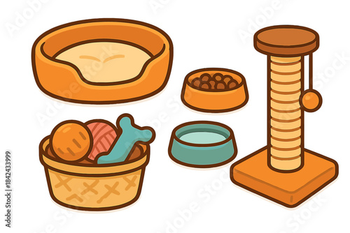 Essential pet care supplies set including bed, food bowls, toys, and scratching post