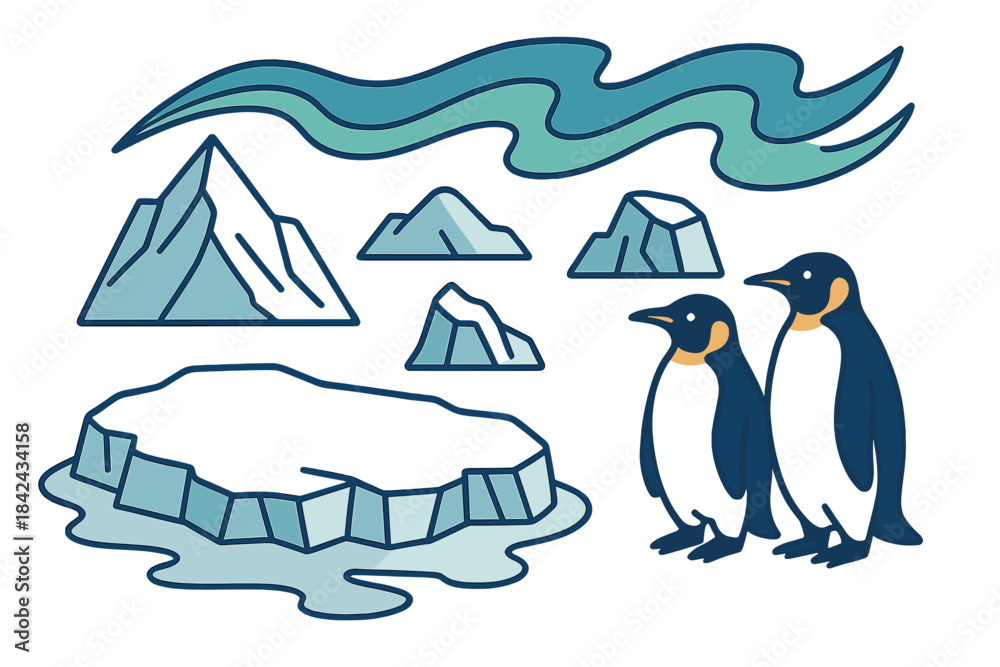 Obraz premium Antarctic wildlife collection with emperor penguins, icebergs, ice floe, and aurora borealis