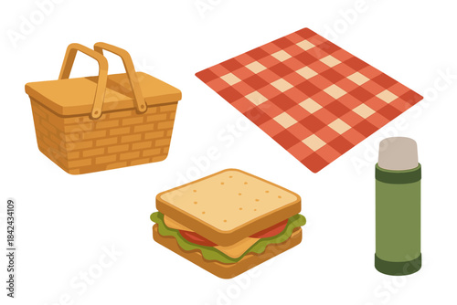 Wicker basket, checkered blanket, sandwich, and thermos for a summer picnic