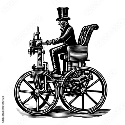 Victorian Man Drives Early Automobile With Top Hat and Suit on White Background