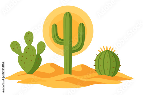 Vibrant stylized desert landscape featuring various cacti species on sand dunes under a bright sun